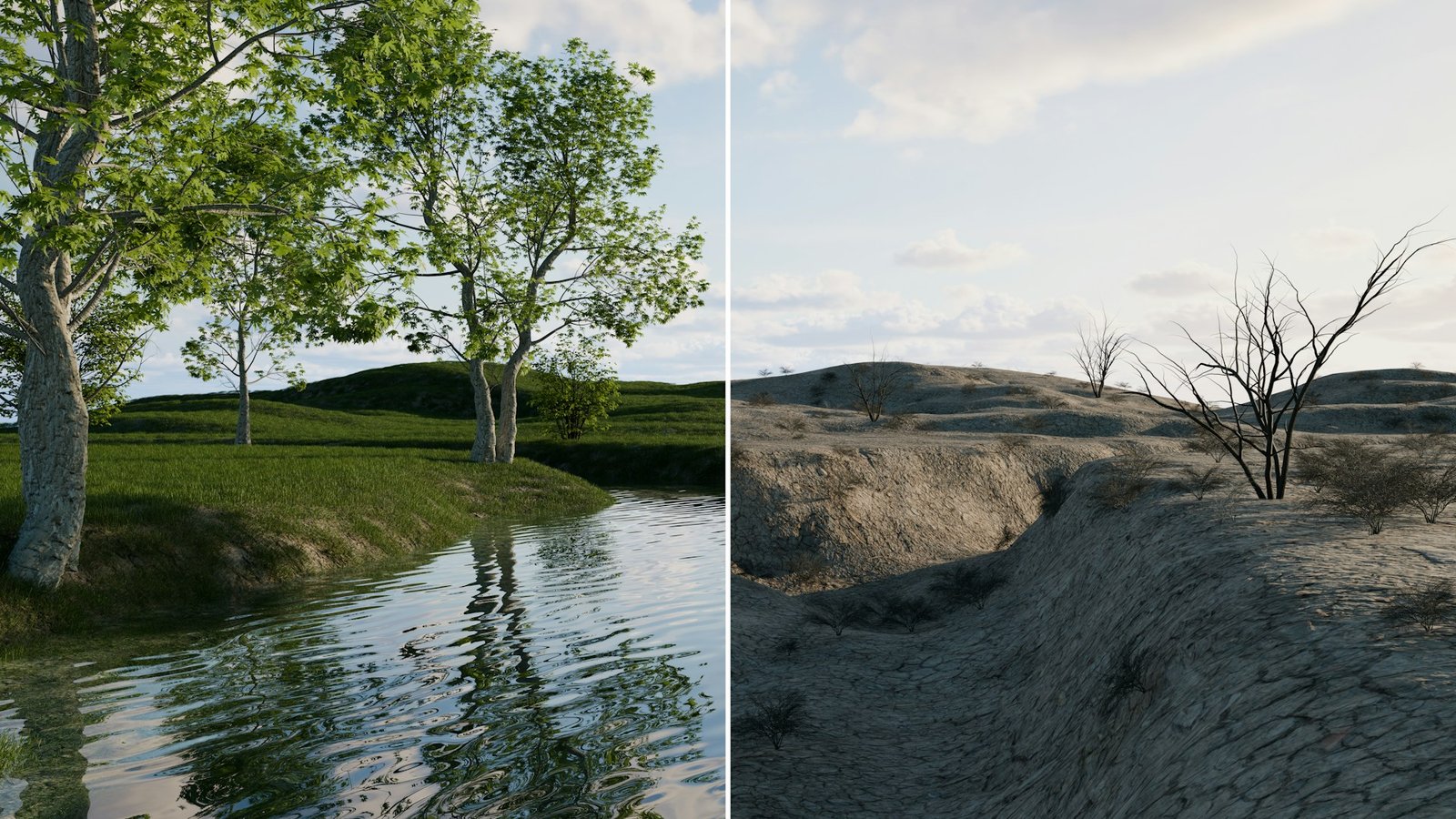 A image on one side there is a green tree near a river and the other side a dry tree on a dry land