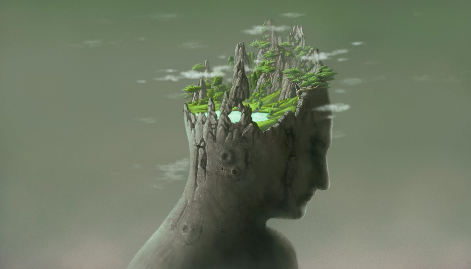 Cerveau – crâne – végétation – arbres Une figure abstraite d'un cerveau, le crane ouvert avec des arbres et une végétation à l'intérieur. Hypnose en conscience.